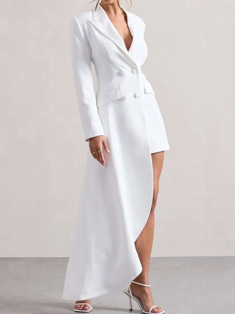 Yeezzi Women's Asymmetrical Notched Collar Blazer Mini Dresses 2025 New Long Sleeves Buttoned Solid Color Formal Office Dress