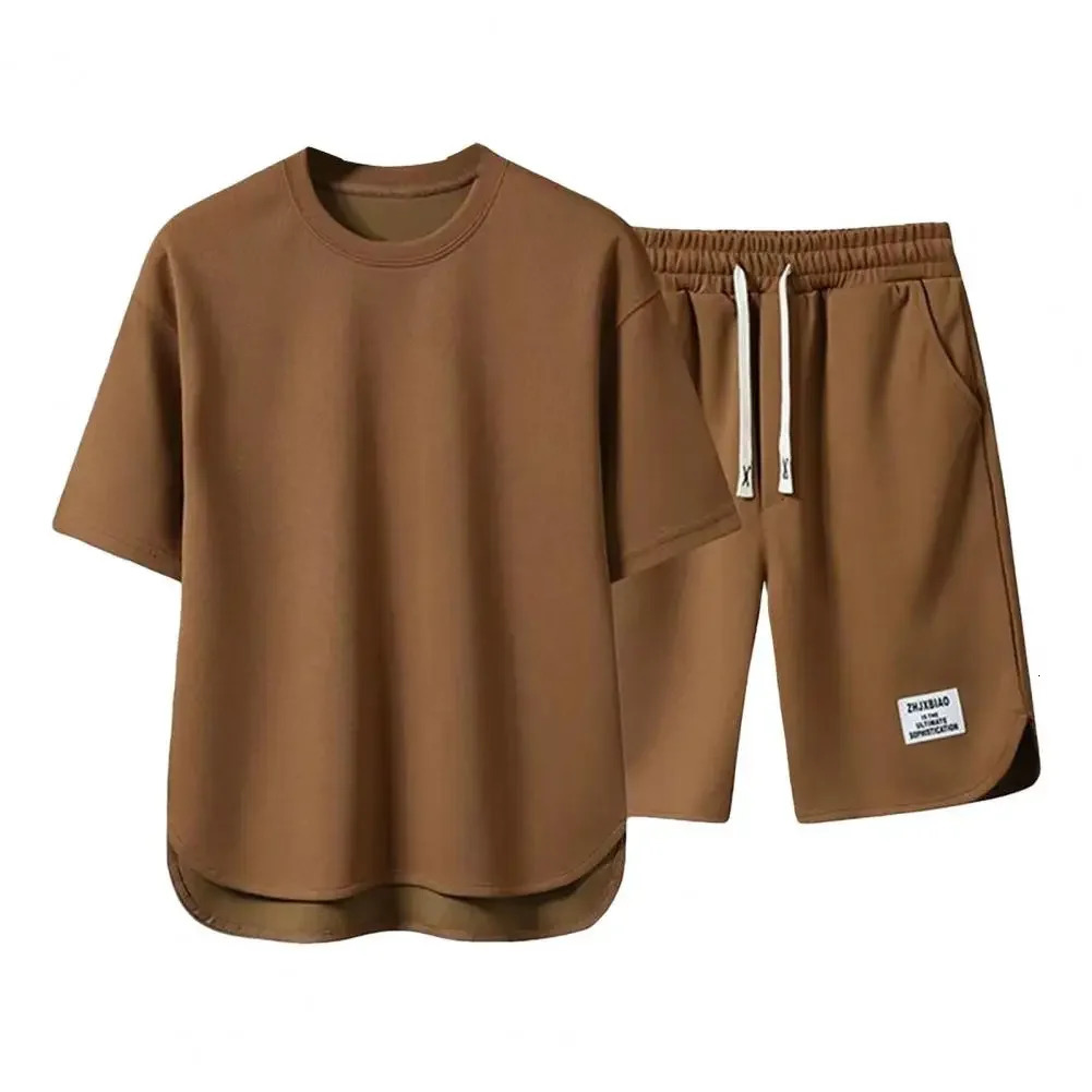 Men Sportswear Set Mens Summer Outfit Set O-neck Short Sleeve T-shirt Drawstring Waist Wide Leg Shorts Activewear Set 2pcs/set 250310