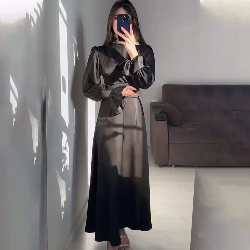 Talenza Elegant Ruffled Sleeve Women's Fashion Bandage Evening Retro Slim Lace Up Solid Color Long Dress