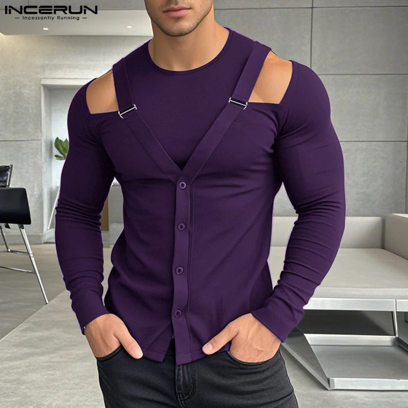 INCERUN Mens Top Fashion Metal Buckle Hollow n Tshirt Casual Street Wear Solid Long Sleeve Camiseta S5XL 250312