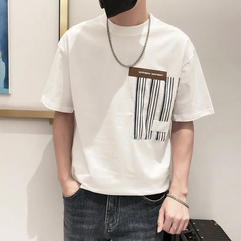 Summer round neck loose casual printed cotton T-shirt mens short sleeved simple full matching pull-out top Hombre Korean fashion T-shirt 250314