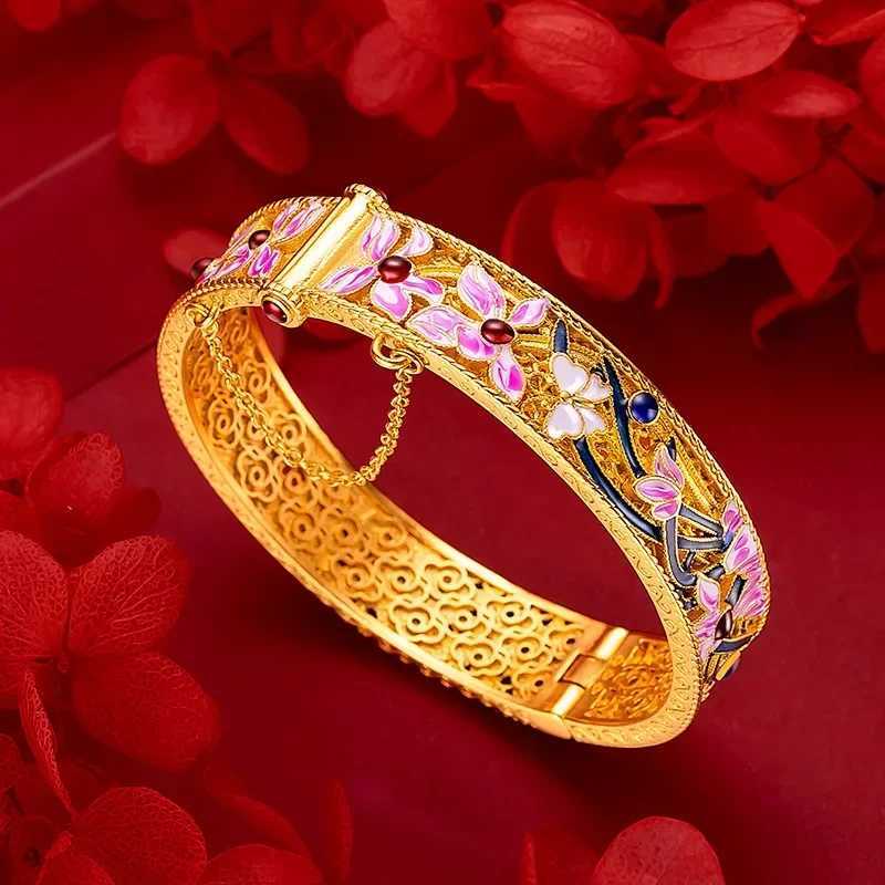 Luxury 24K Gold 9999 Real Gold Orchid Bracelet Enamel Large Bracelet Valentines Day GiftXJ250315