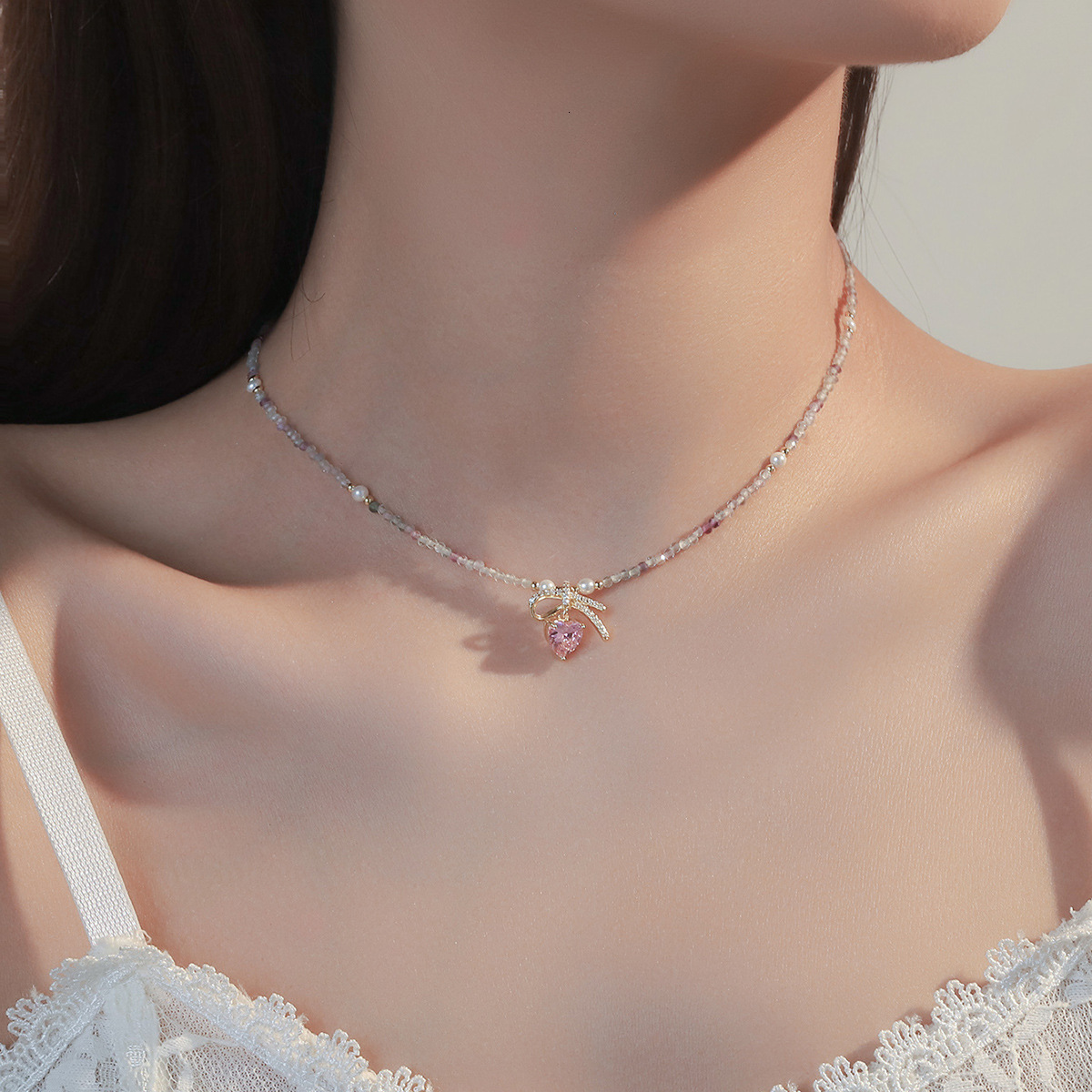 Necklace For Women S925 Silver Korean Net Red French Color Crystal Love Necklace Sweet Maiden Wind Cherry Collar Bone Chain