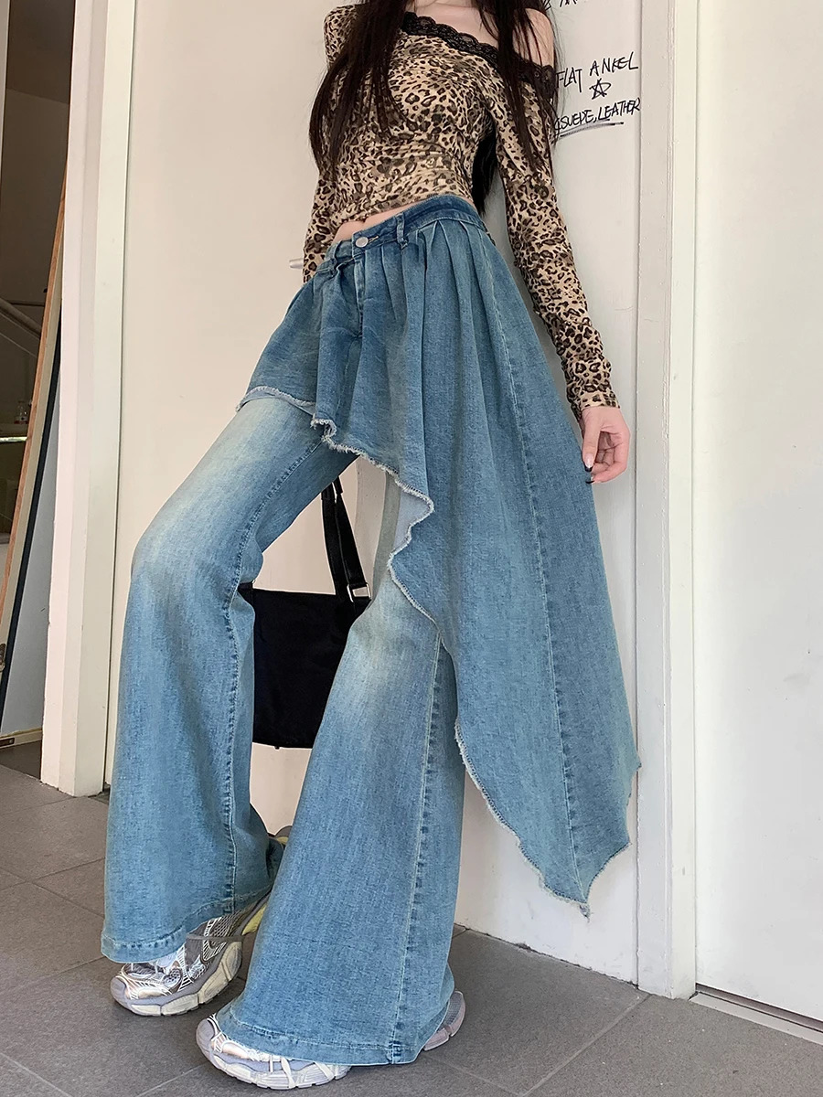 REDDACHiC Twopiece Women Flare Jeans Asymmetric Trailing Skirt Overlay Raw Edge Boot Cut Wide Pants Vintage Y2k Streetwear 250310