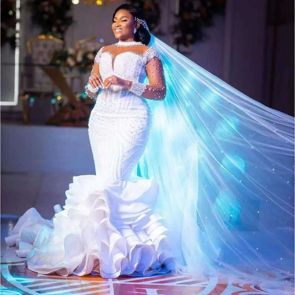 Custom High Neck Appliques Beads Mermaid Wedding Dresses Full Sleeves Cascading Ruffles African Novia Dress