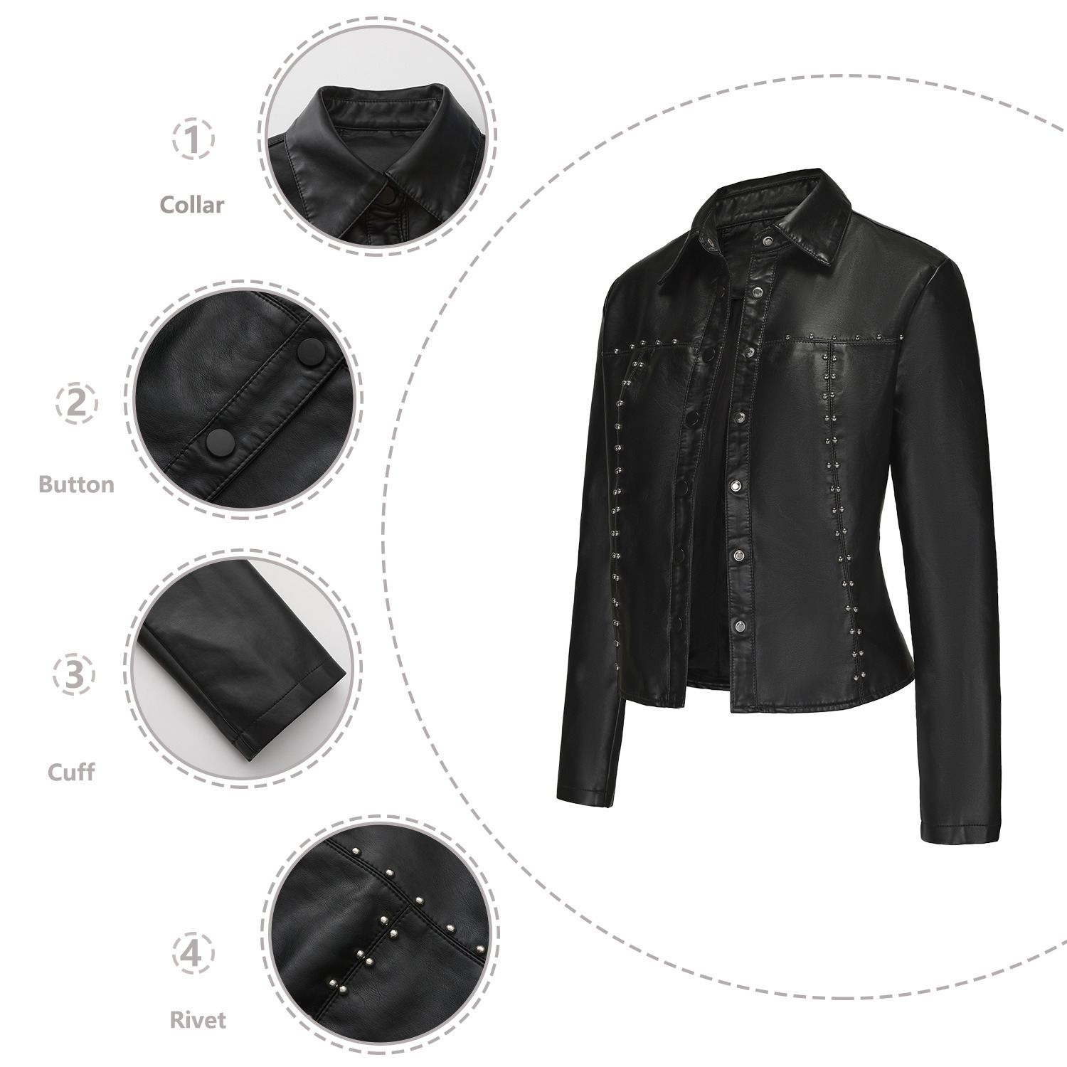 Fashion Spring and Autumn New Rivet Leather Jacket Cardigan Button Up Leather Jacket Fashion Trend Thin Coat Womens Clothing Join3