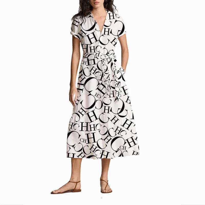 Summer Women Commuter Versatile High End Female Elegant Dress Letter Thin Band Design Office Ladies Classic Dresses