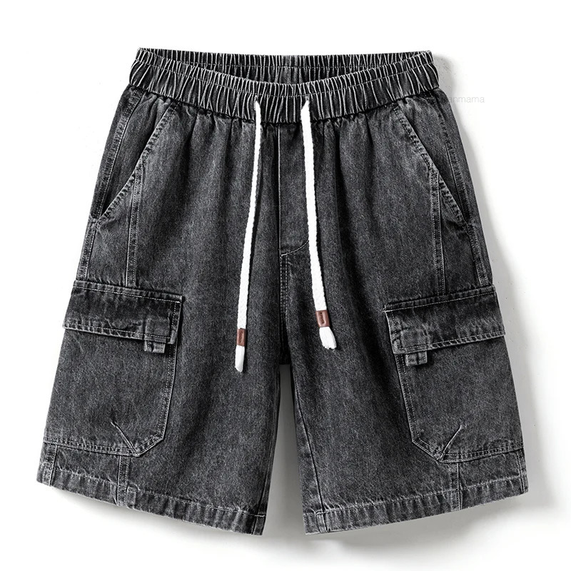 Summer mens denim shorts with elastic waist bag casual knee length cargo pants fashionable Korean style streetwear blue gray 250313
