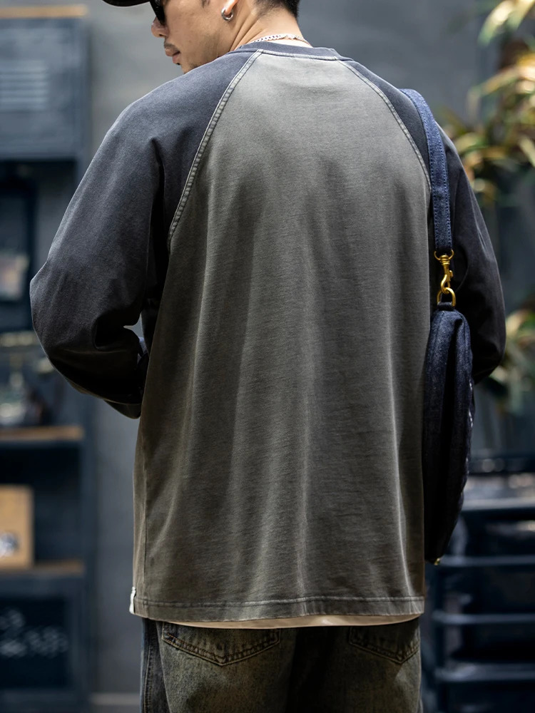 Spring and autumn highquality cotton long sleeved Tshirt mens plus size spliced work sweater Korean streetwear fashion sports top 250312
