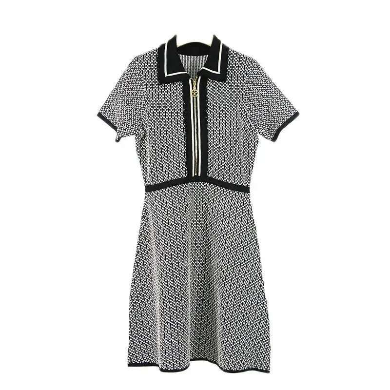 Office Ladies Slim Knit Elegant Short-Sleeved Zipper Comfortable French Brand V-Neck Dress Women