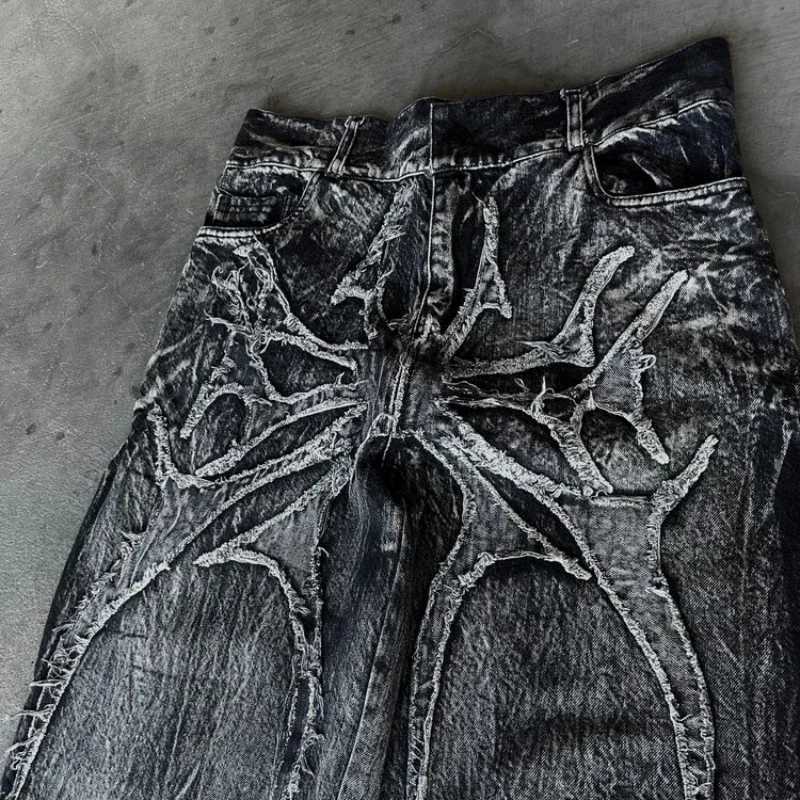 Gothic retro oversized pocket set unisex mop pants Y2K phantom jeans high street spider embroidery patch hip-hop streetwearT250319