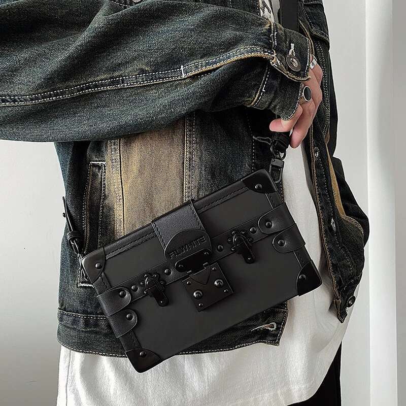 2025 new lock box shaped designer fashionable men's small square shoulder sloping Pu leather phone bag unisex wallet2