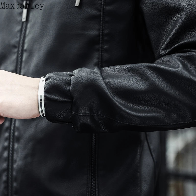 mens leather jacket autumn and winter fashion hooded middleaged elderly artificial clothing motorcycle 250313