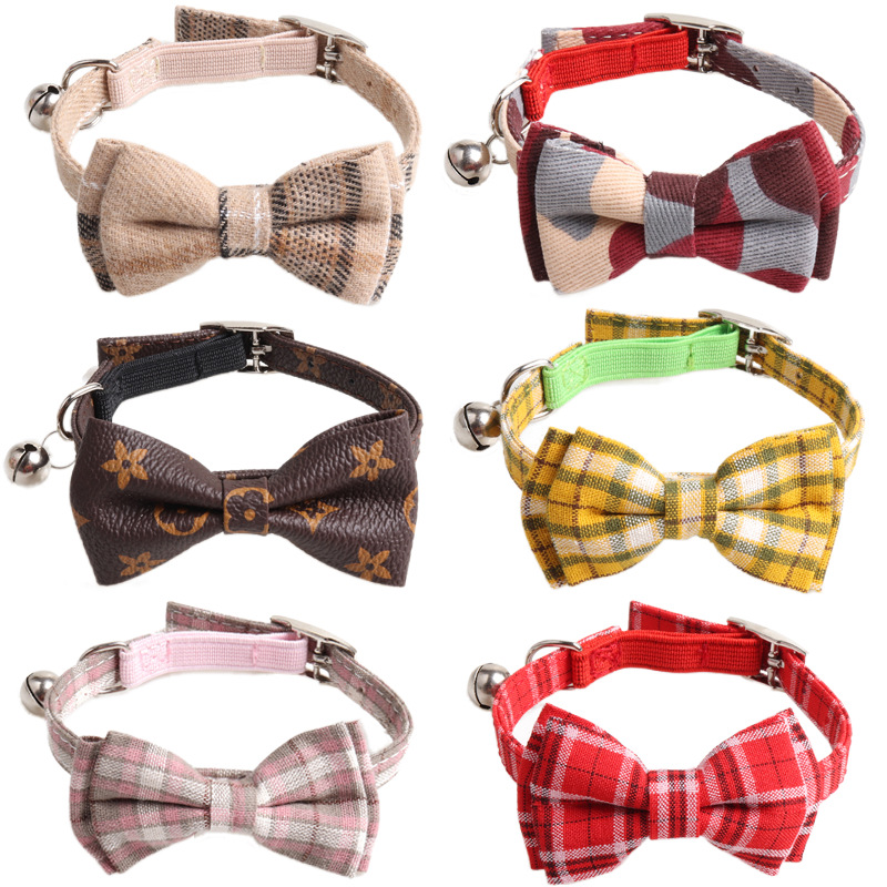 Breakaway Cat Collar with Bow Tie and Bell, Adjustable Cat Tie with Elastic Rope and Metal Buckle Cute Plaid Safety Kitty Collars for Birthday Pet Par