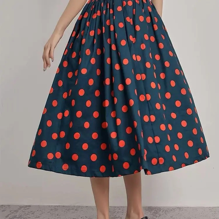 Spring and Autumn Hepburn Peacock Blue Polka Dots Skin Printing Fluffy Aline Ol Womens Abdominal Coverage Style 250310