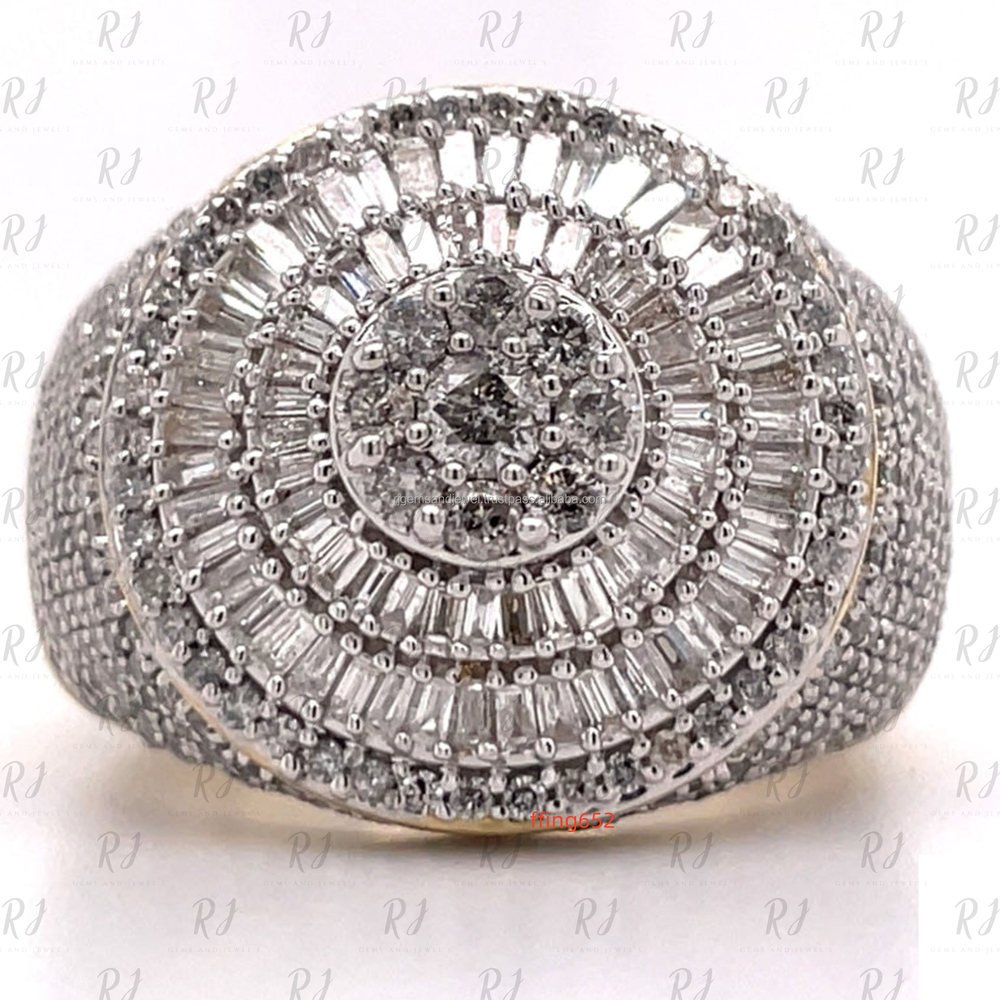 Iced Out Moissanite Hip Hop Ring 10k Gold Baguette and Round Diamond Mens Rings