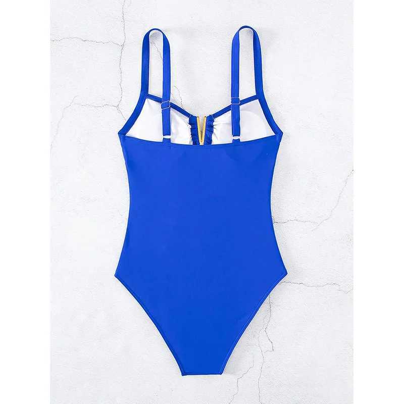 New solid one-piece swimsuit womens red swimsuit sexy deep V-neck swimsuit womens high-G swimsuitXJ250315