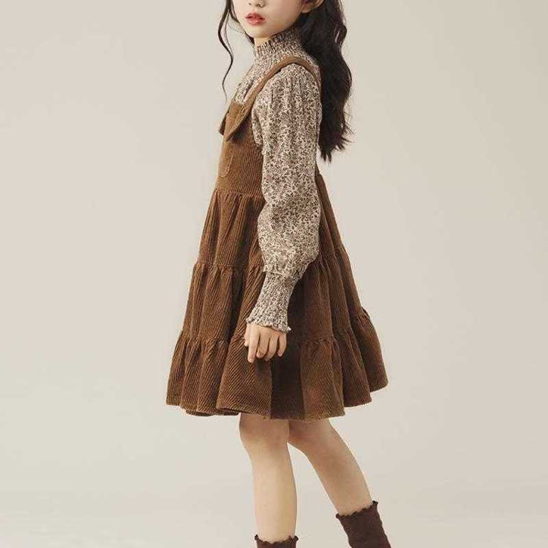 Girl's Dresses Girls' Dress Set 2024 Spring and Autumn New Collection, Korean Edition, Western Style, Girls' Floral Strap Skirt Two Pie