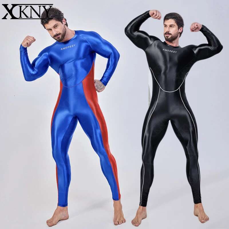 Amoresy - Smooth running suit, color blocks, long sleeves, men's one-piece sports jumpsuit, full length, shiny jumpsuit XCKNY