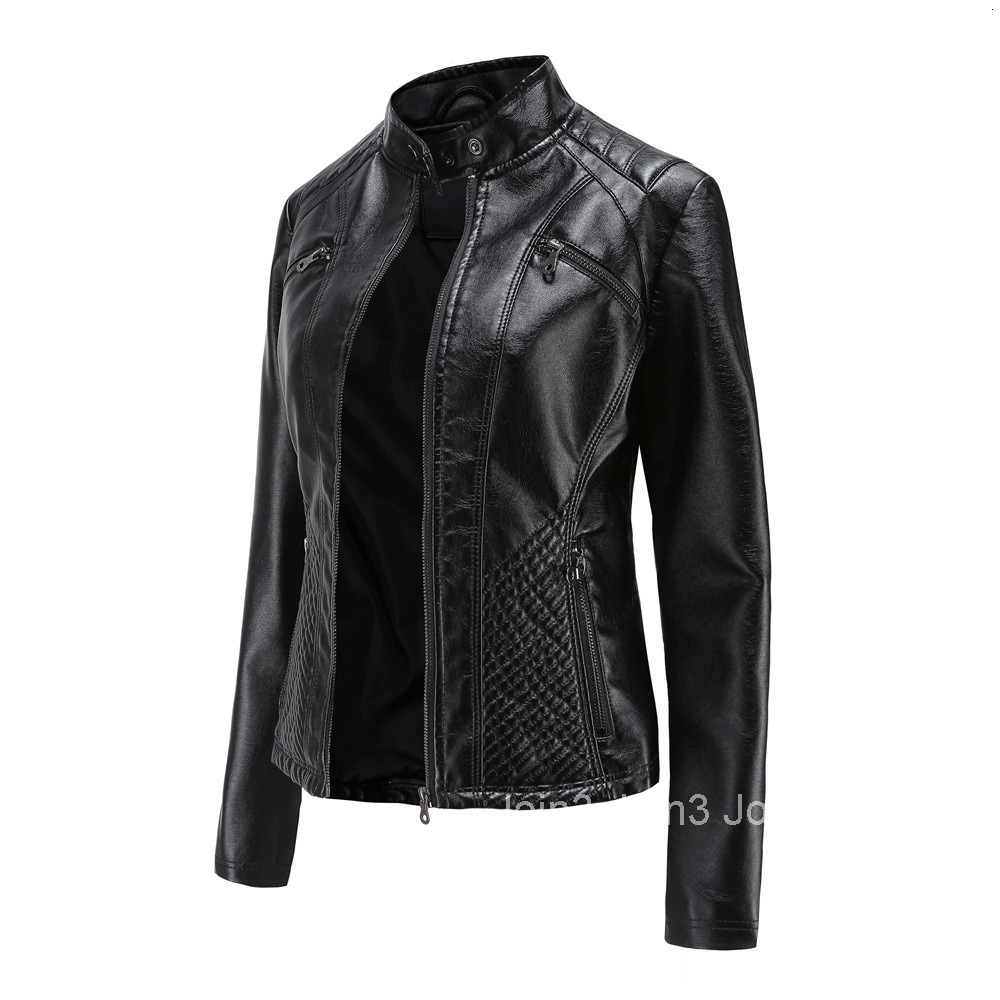 Fashion New Womens Casual Leather Jacket Stand Collar Jacket Slim Jacket Womens Spring and Autumn Solid Color Womens Leather Jacket