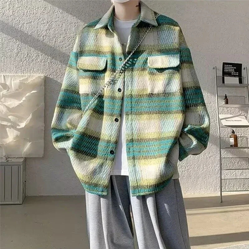 Spring Mens Singlebreasted Plaid Woolen Jackets Korean Fashion Y2K Vintage Coats Pockets Streetwear Shirts Jacket 250312