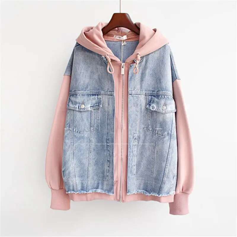 Fake Two-Piece Denim Hoodies Coat Women Spring Autumn Trend Cardigan Hoodie Casual Loose Hooded Baseball Jacket Streetwear Woman