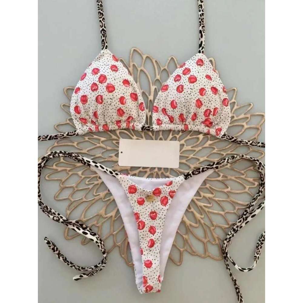 Swimsuit women's cute cherry print Brazilian thong bikini set sexy thong swimsuit two-piece set swimsuit women's 2023 beachwear