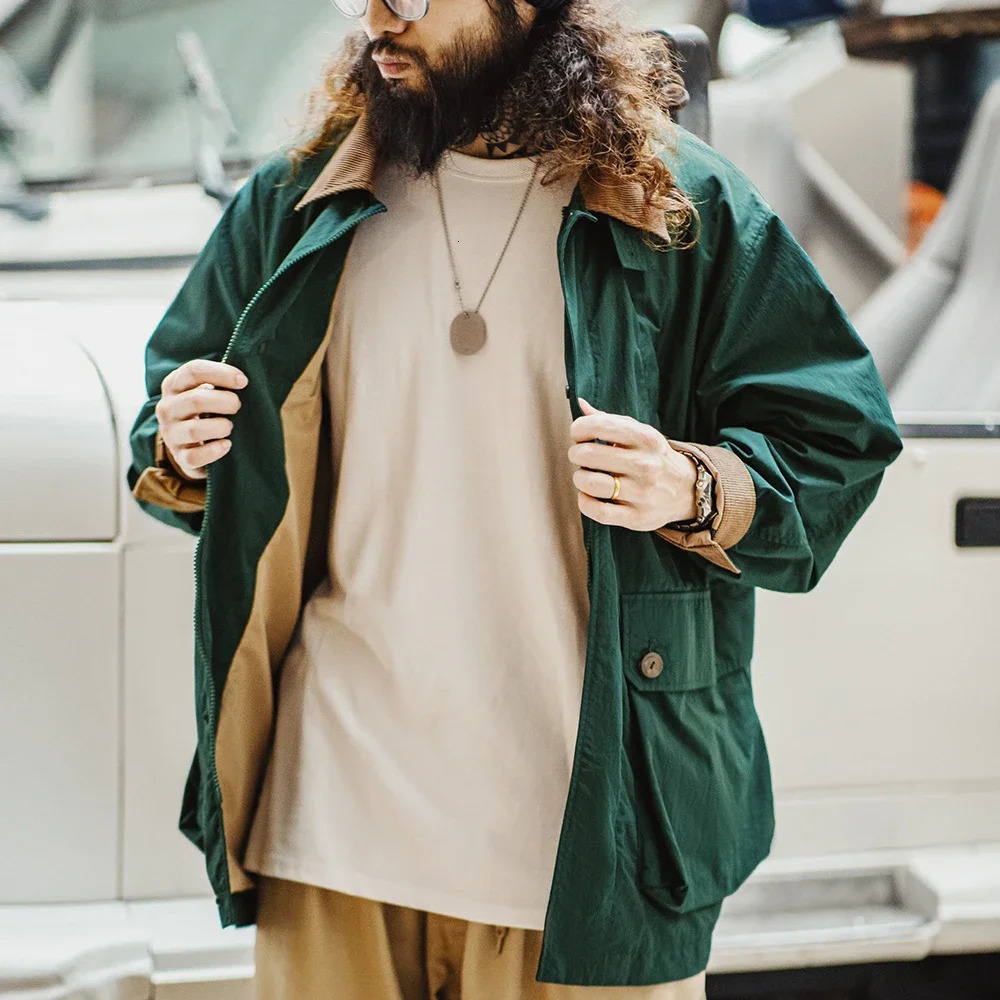Maden Retro Green Loose Corduroy Collar Multi Pocket Safari Jacket Mens Classic Spring and Autumn Casual 250313