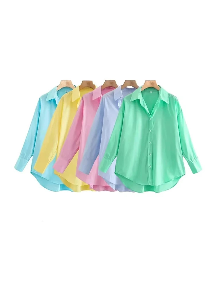 TRZA Women Fashion Office Wear Loose Poplin Solid Shirts Vintage Long Sleeve Button-up Casual Female Blouses Blusas Chic Tops 250310