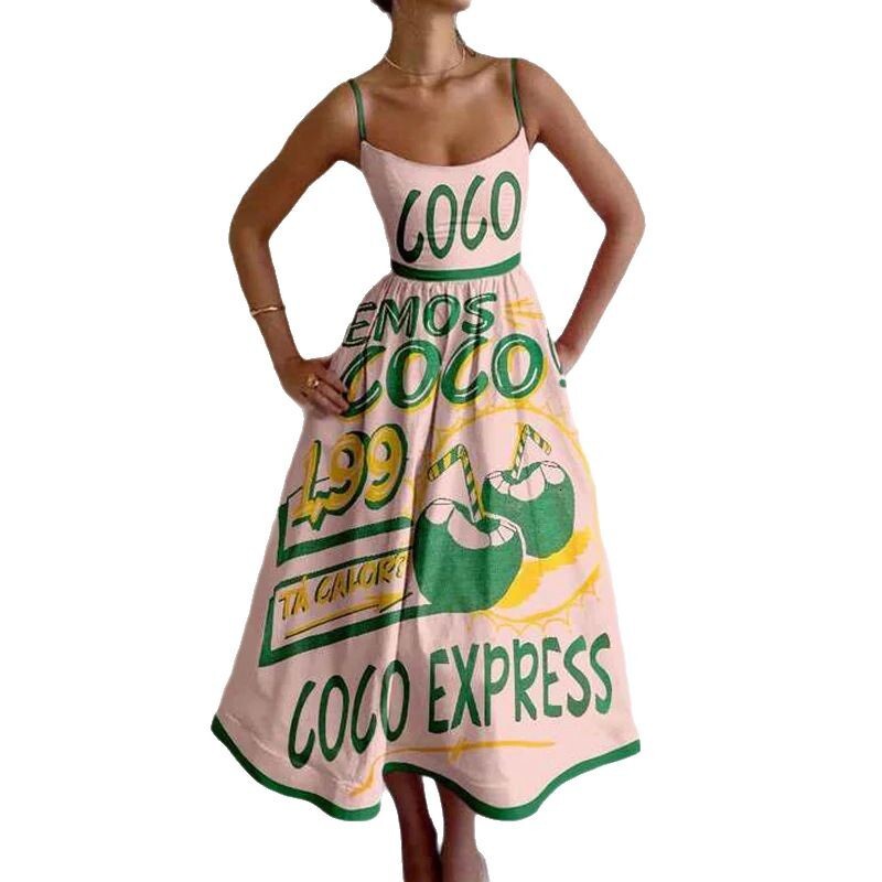 2025 Spring New Women's Clothing Elegant Printed High Waist Long Strap Dress