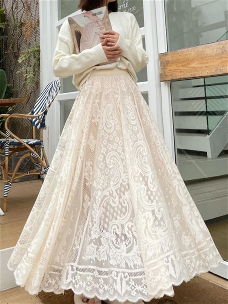 Realeft Retro Womens Lace Crochet Umbrella Long Leather Bohemian High Waist Hollow Skirt SpringSummer 250310