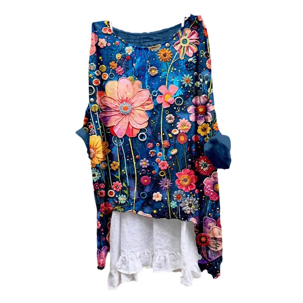 New Casual Long Sleeved Loose 3D Digital Printed Women's Round Neck Pullover T-Shirt Single Piece