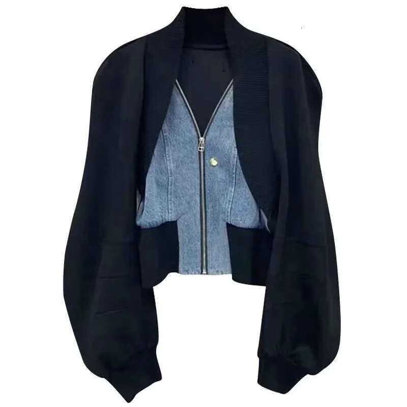 Design Sense Niche Black Denim Ing Long-Sleeved Short Coat Women's Spring And Autumn Spice Girl Fake Two Cardigan Tops