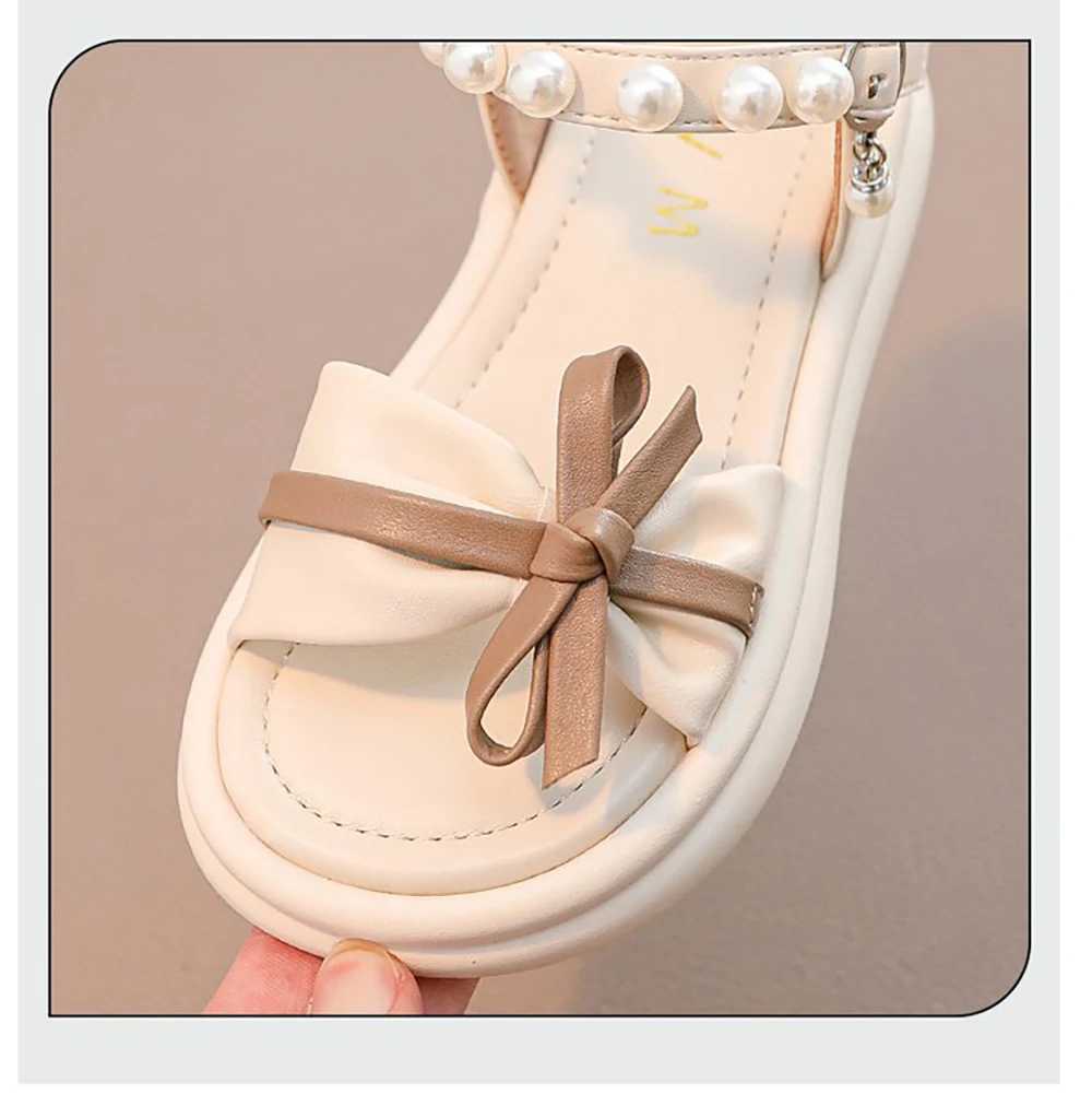 Summer Princess Girls Sandals Korean Style Pearl Bow Childrens Party Shoes Soft Waterproof Beach SandalsT250315