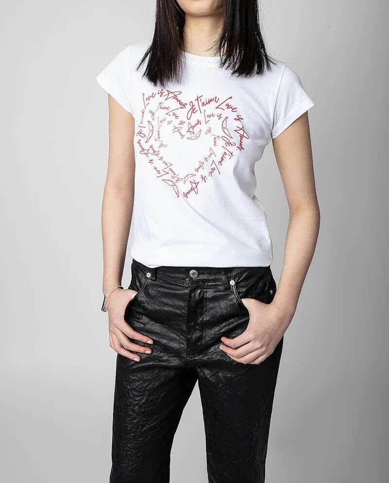 New French Niche ZV Letter Love Print Hot Stamping Cotton Women's Round Neck Short Sleeved T-Shirt