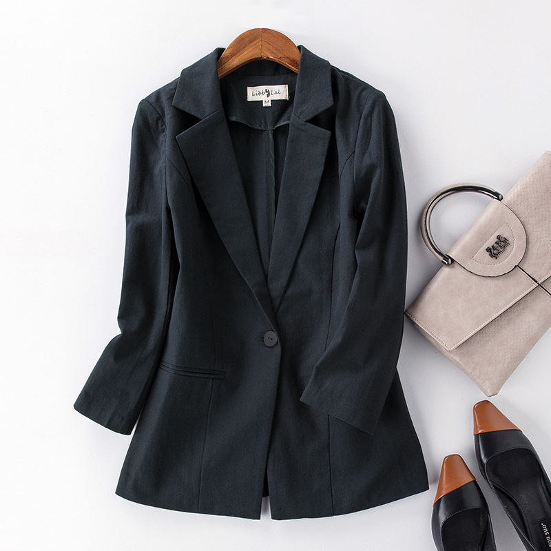 X313Cotton and Linen Women's Suit Jacket - Short Temperament Style with Three-Quarter Sleeves