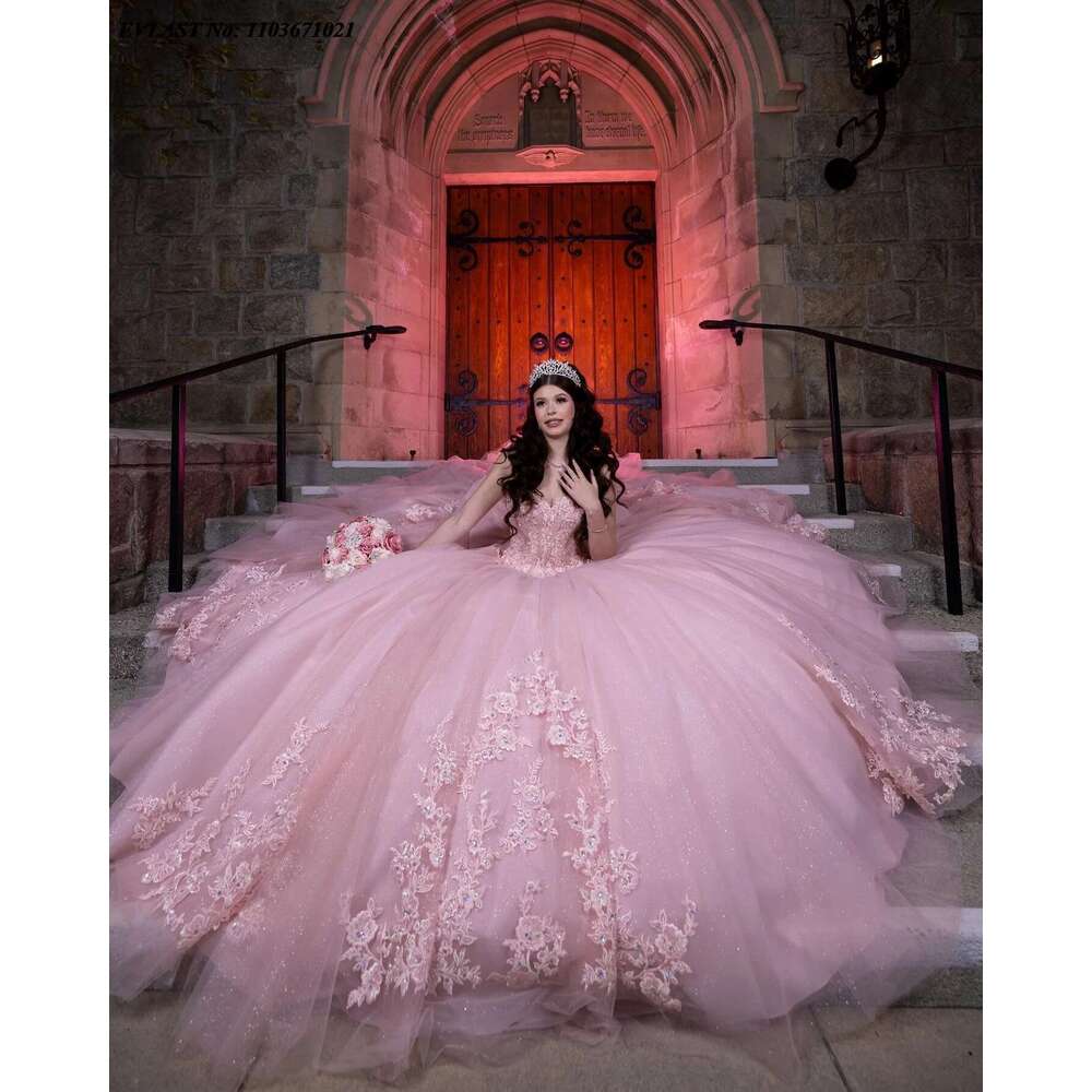 Evolt custom pink ral quinceanera layered ball dress lace appliques beads mexico sweet 16 dresses 15 years sq773