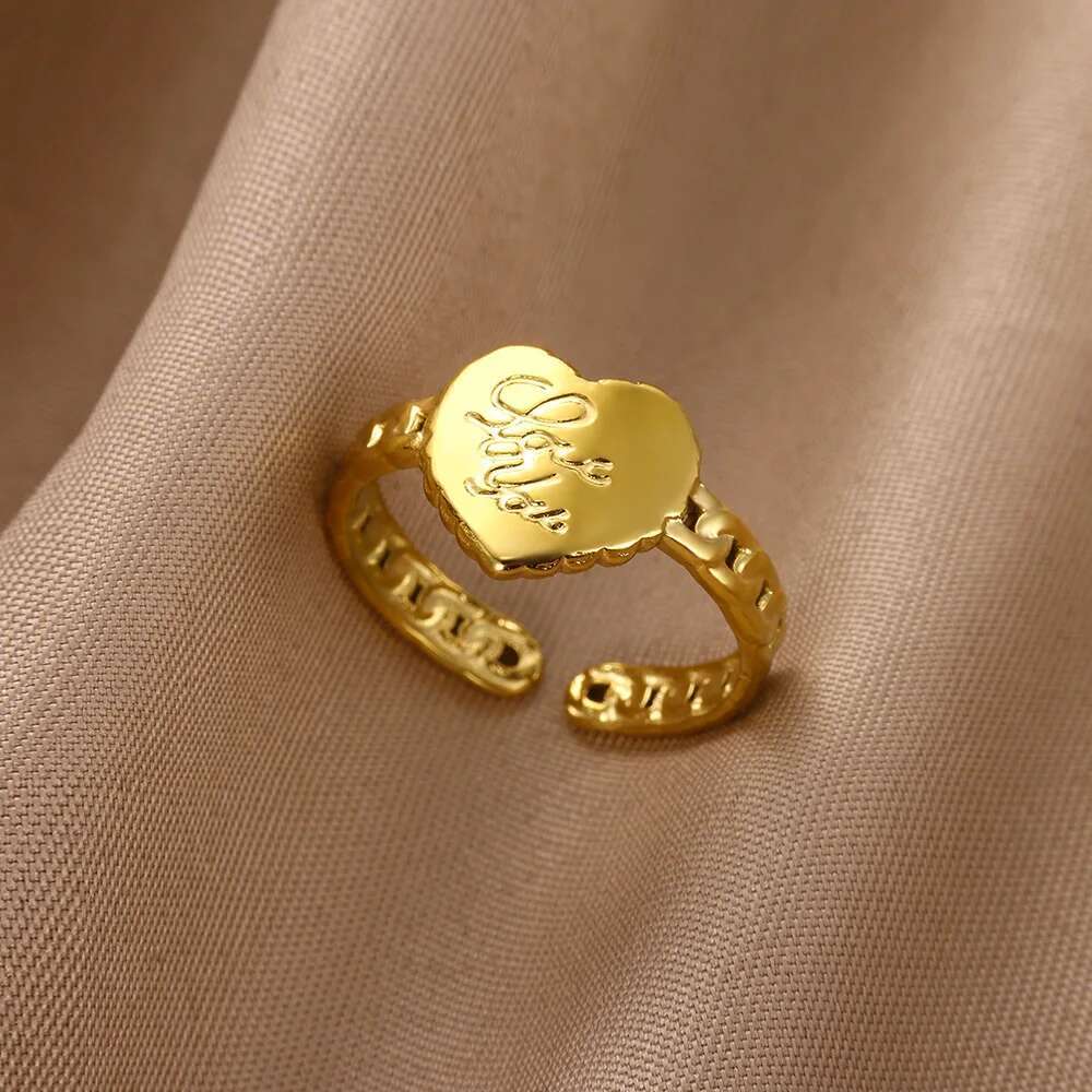 Romantic Heart Rings for Women Girls Gold Color Stainless Steel Ring Retro Opening Couple Band Aesthetic Wedding Jewelry anillos