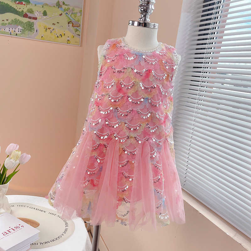 Girl's Dresses 2024 Summer New Girls' Dress Mermaid Princess Dress Children's Middle and Large Children's Bright Piece Fish Tail D