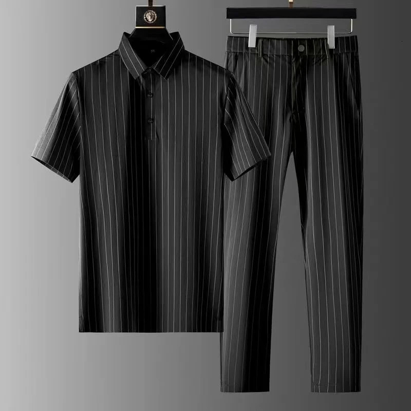 Short-sleeve Thin Stripe Shirt Trousers Two-piece Suit Mens Short Sets Business Casual Outfits Men Summer Clothing 250314