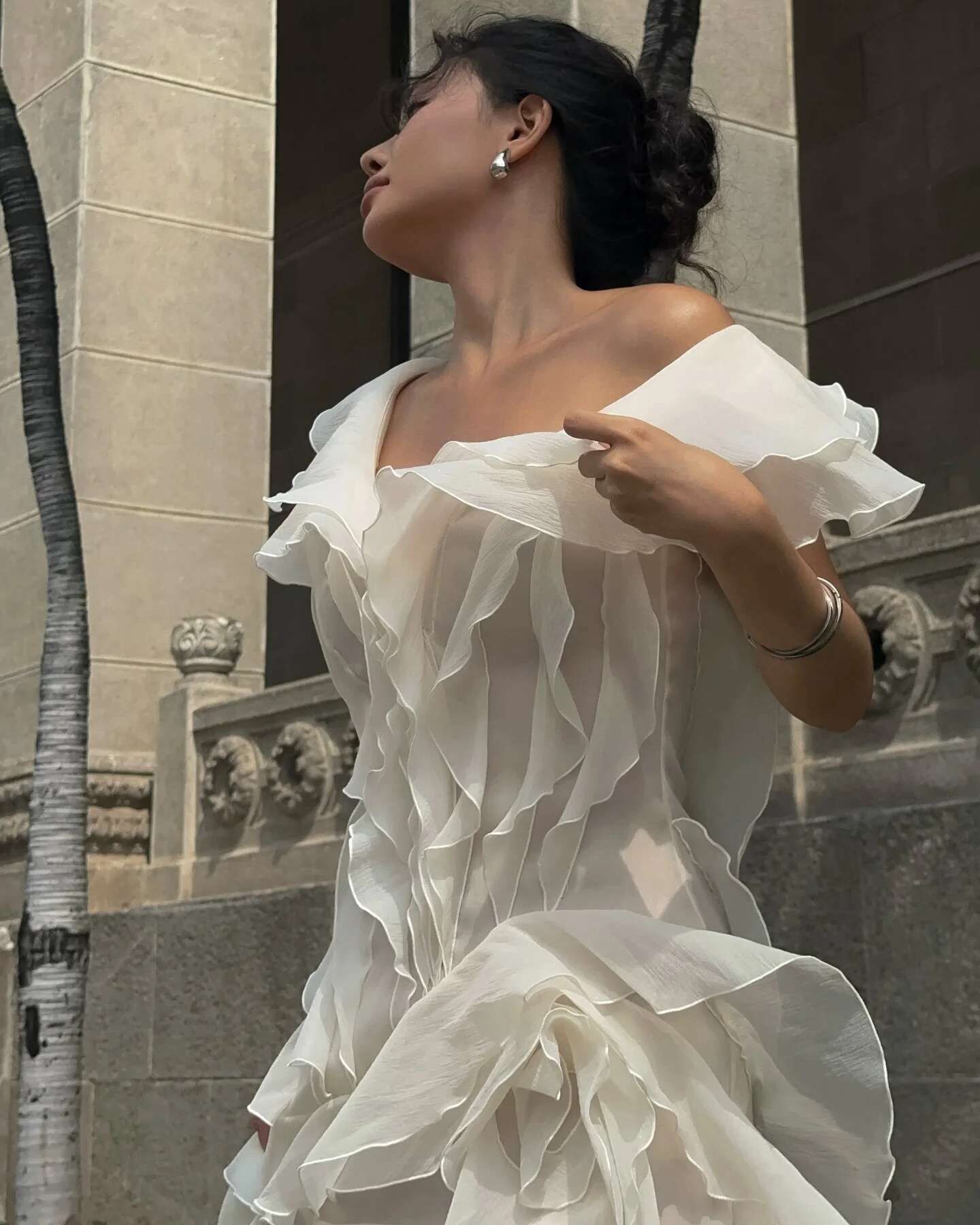 VGH Sweet Ruffles Off Theshoulder Party Dresses For Women Slash Neck Sleeve Backless High Waist Slim Short Dress Female