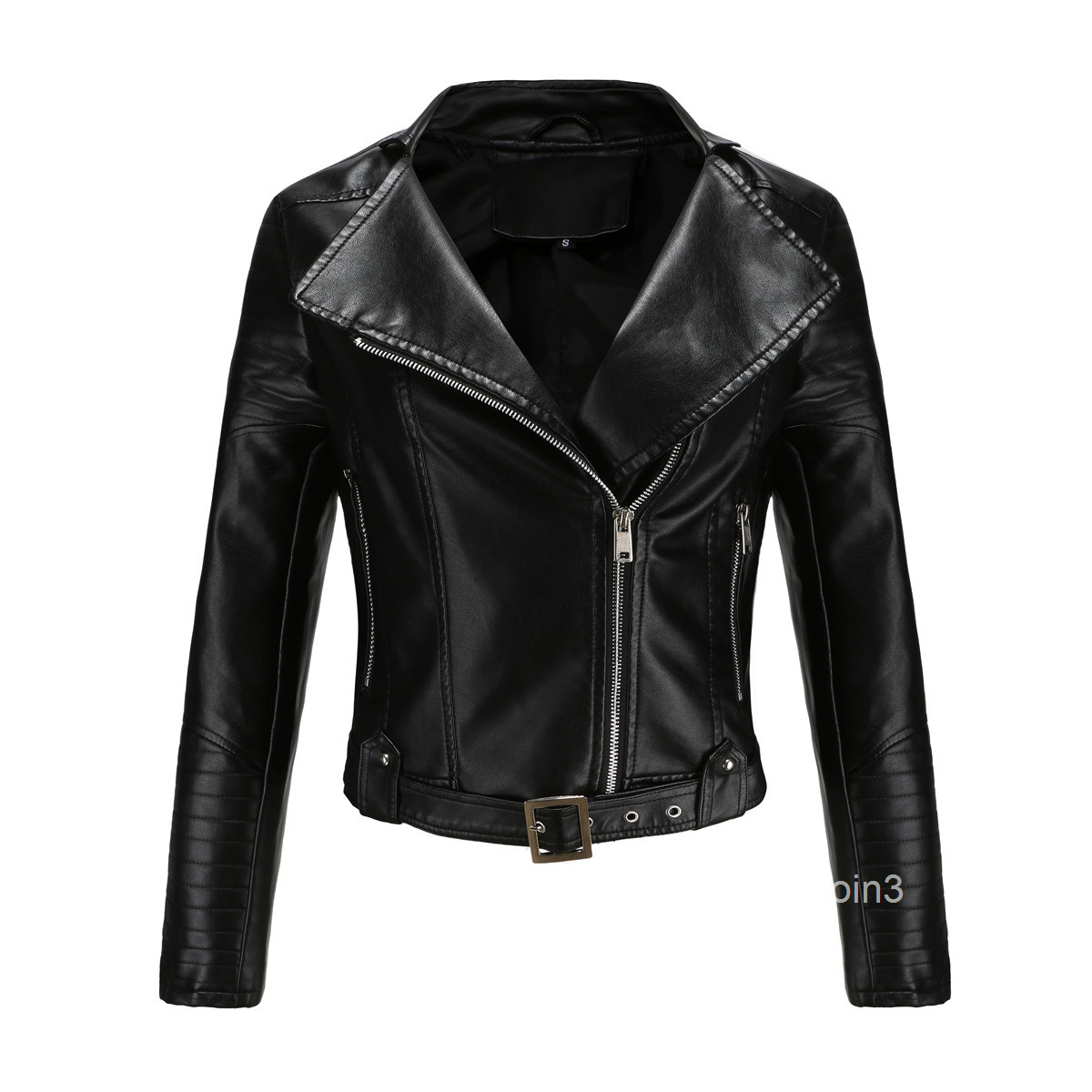 Fashion Womens Leather Clothes Long Sleeved Zipper Turned Tie Belt Short Motorcycle Clothes Autumn Winter Coat Women