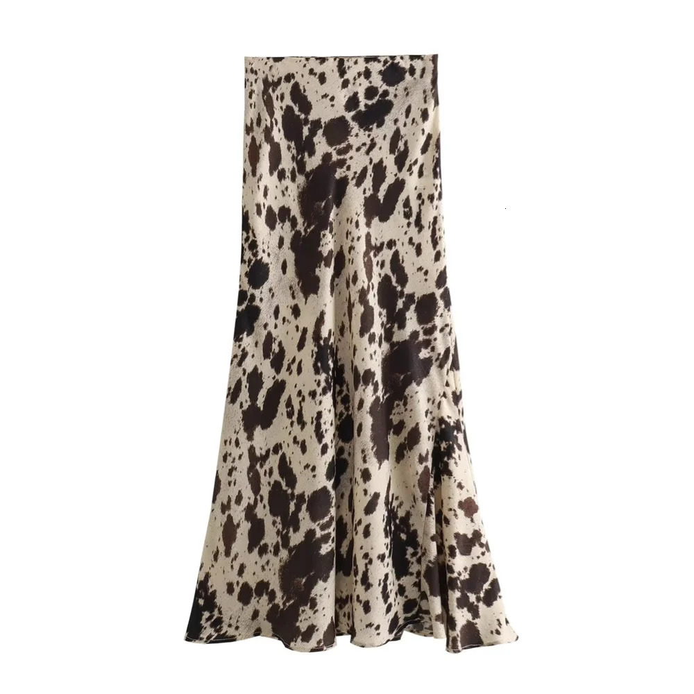 ZAR4 Spring Summer Womens Fashion niche animal print silk satin texture high waisted midi skirt 250310