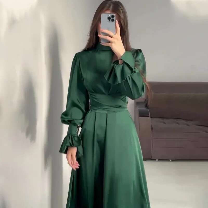 Talenza Elegant Ruffled Sleeve Women's Fashion Bandage Evening Retro Slim Lace Up Solid Color Long Dress