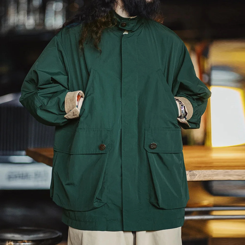 Maden Retro Green Loose Corduroy Collar Multi Pocket Safari Jacket Mens Classic Spring and Autumn Casual 250313