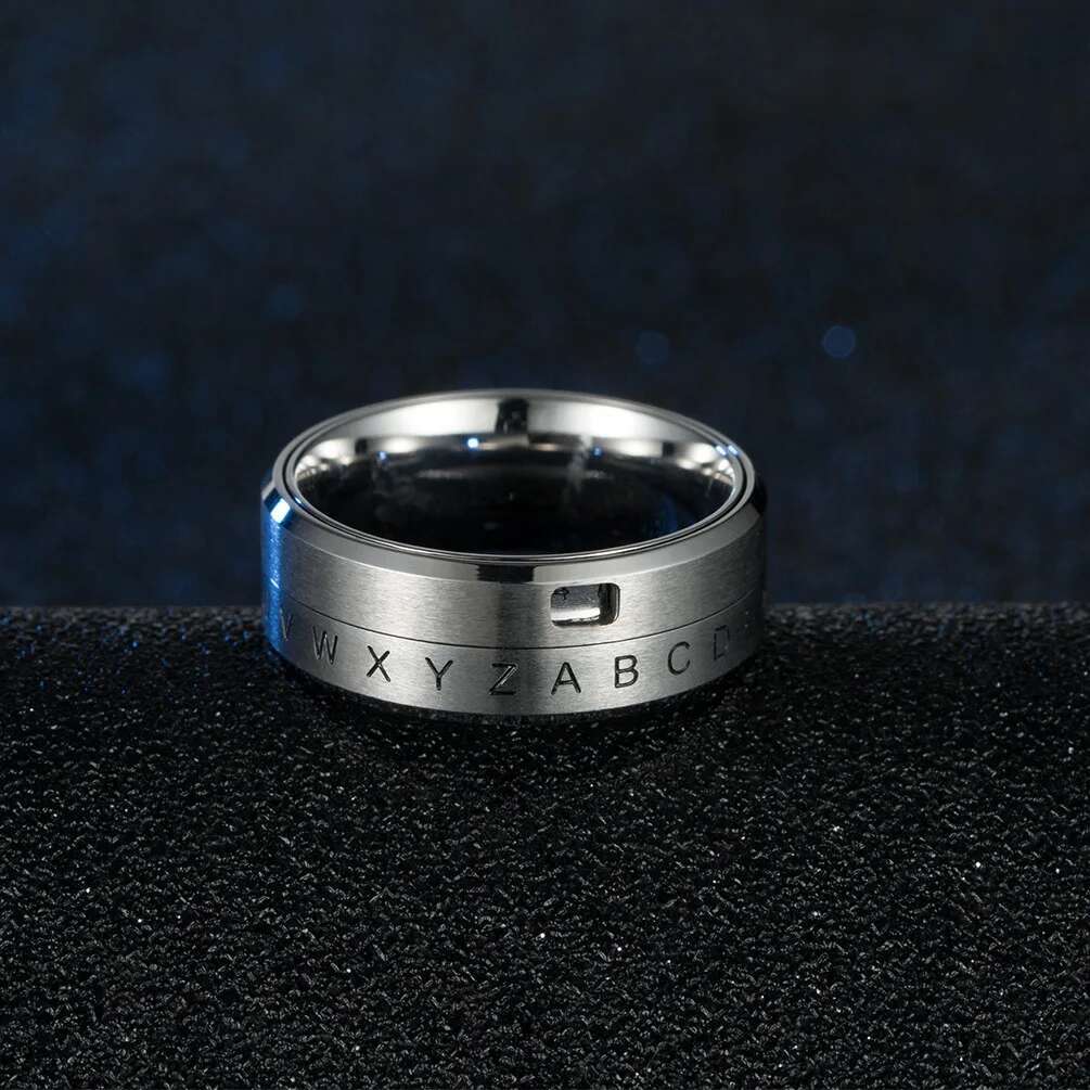 8MM Men's Stainless Steel Alphabet Number Spinner Ring Decoder Design Promise Engagement Wedding Band