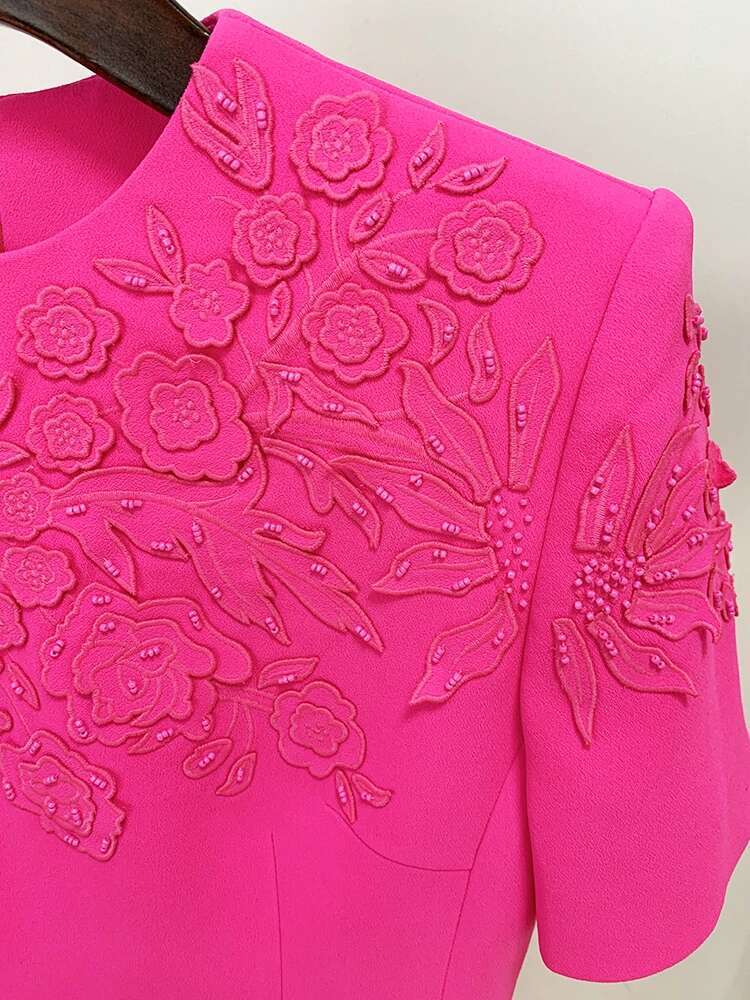 HIGH STREET Newest 2024 Designer Fashion Runway Women's Short Sleeve Stunning Embroidery Beaded Dress Hot Pink