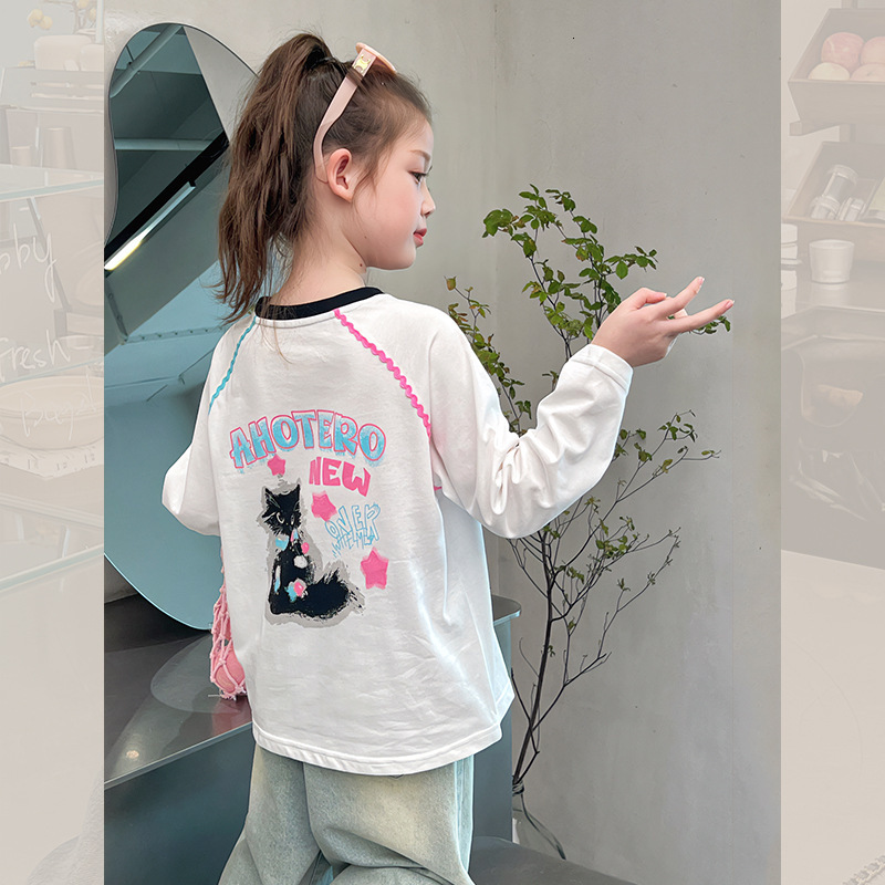 Ddmyshoesvip Girls Western White T Shirt Long Sleeved Base Shirt Medium And Large Children S Clothing Inner Top Girls Spring Clothing New Style