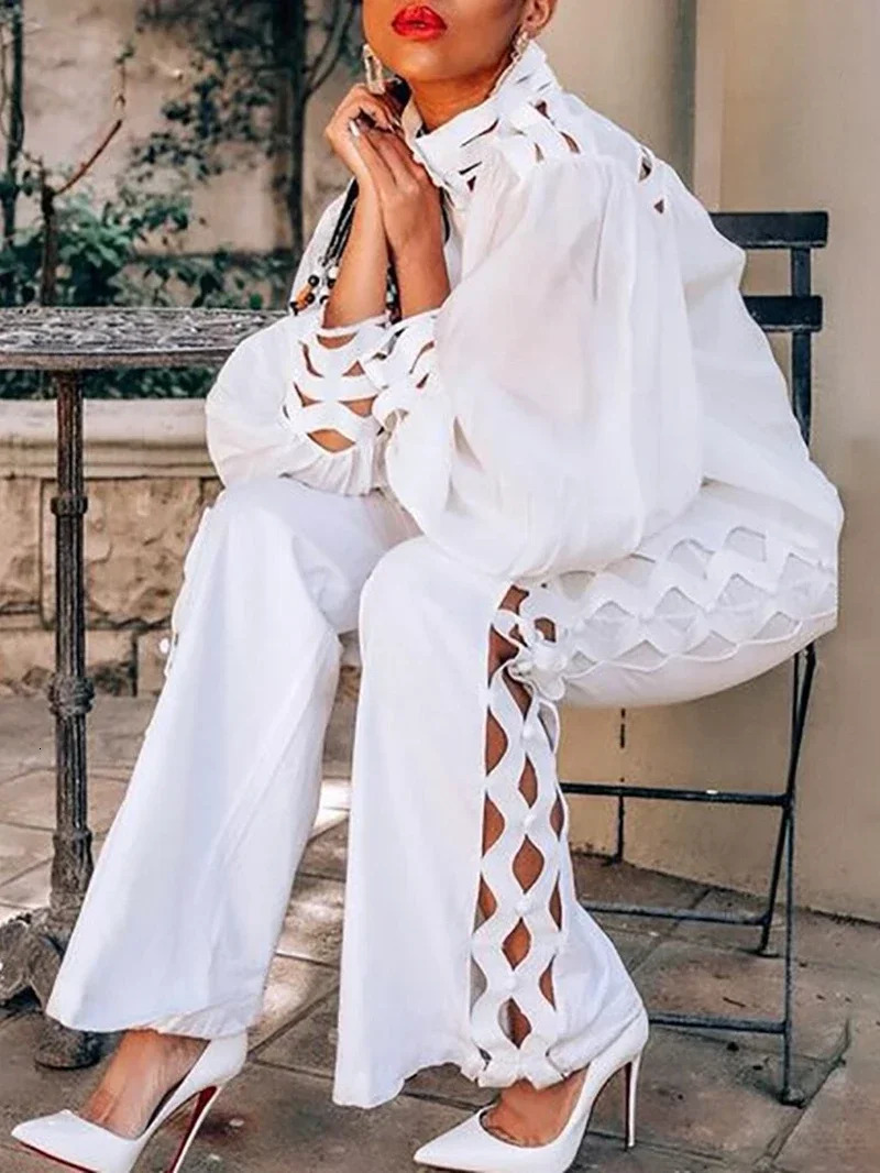 Sexy hollow two-piece womens autumn clothing stand collar lantern sleeve shirt pants casual 2-piece set 250314