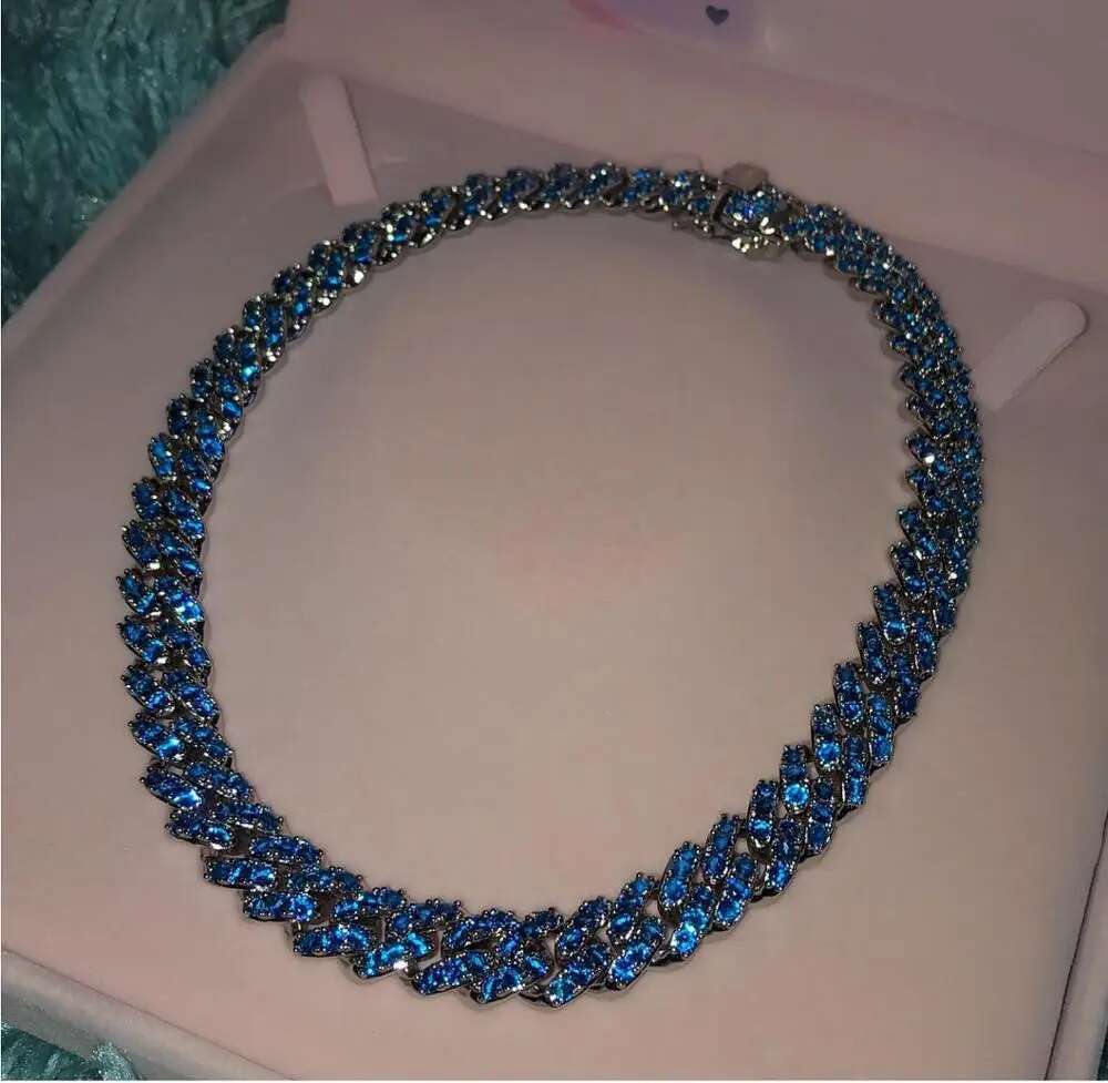 12mm Miami cuban k chain choker micro pave purple blue cz hip hop women necklace 16" 18"